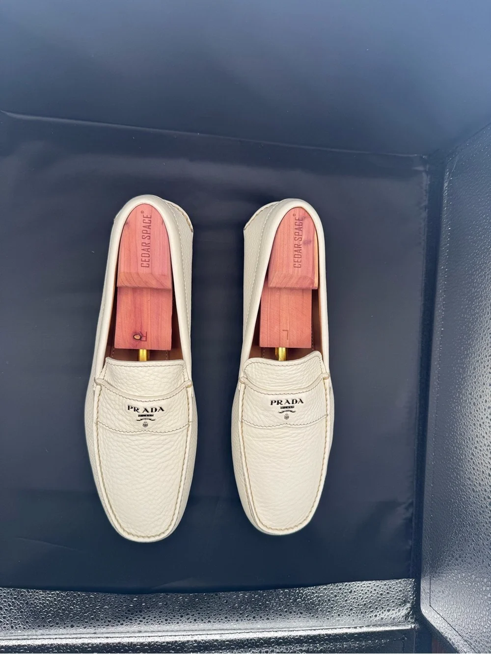 Prada Off White Grained Leather Driving Loafers Shoes 10